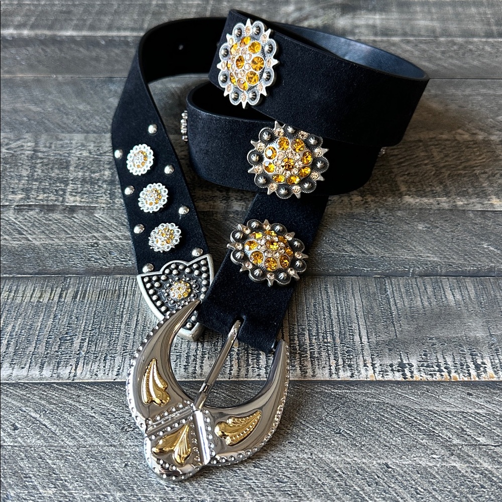 Embellished Black Western Concho Belt with Gold Crystal Accents